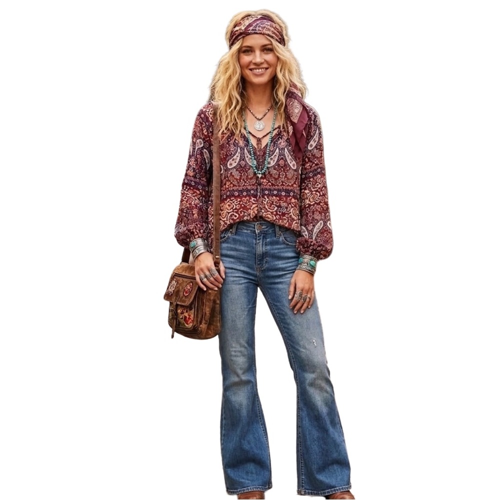 NEW Boho Wine Paisley Print Top (Made in the USA)